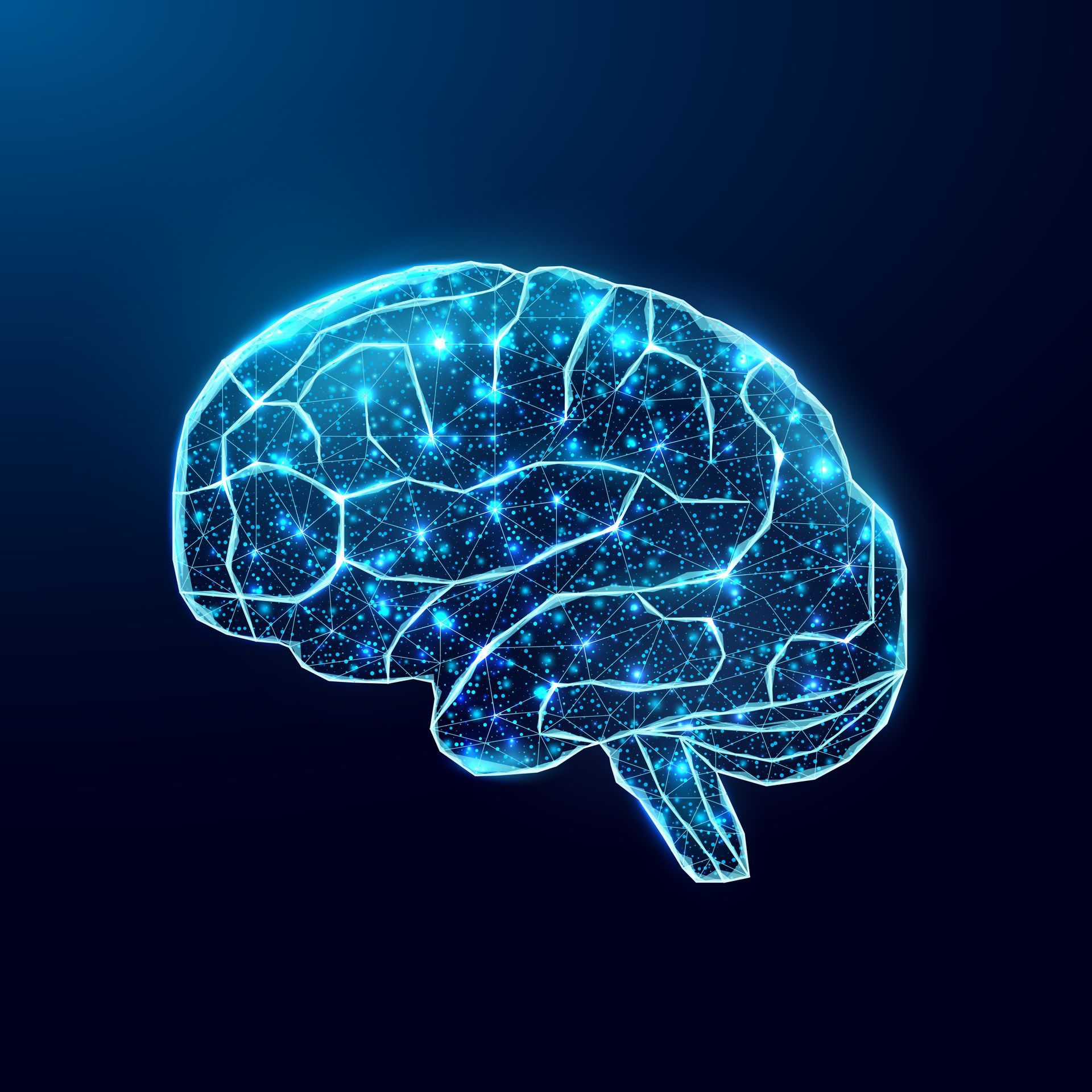 A glowing blue digital human brain silhouette made of interconnected lines and dots against a dark background.