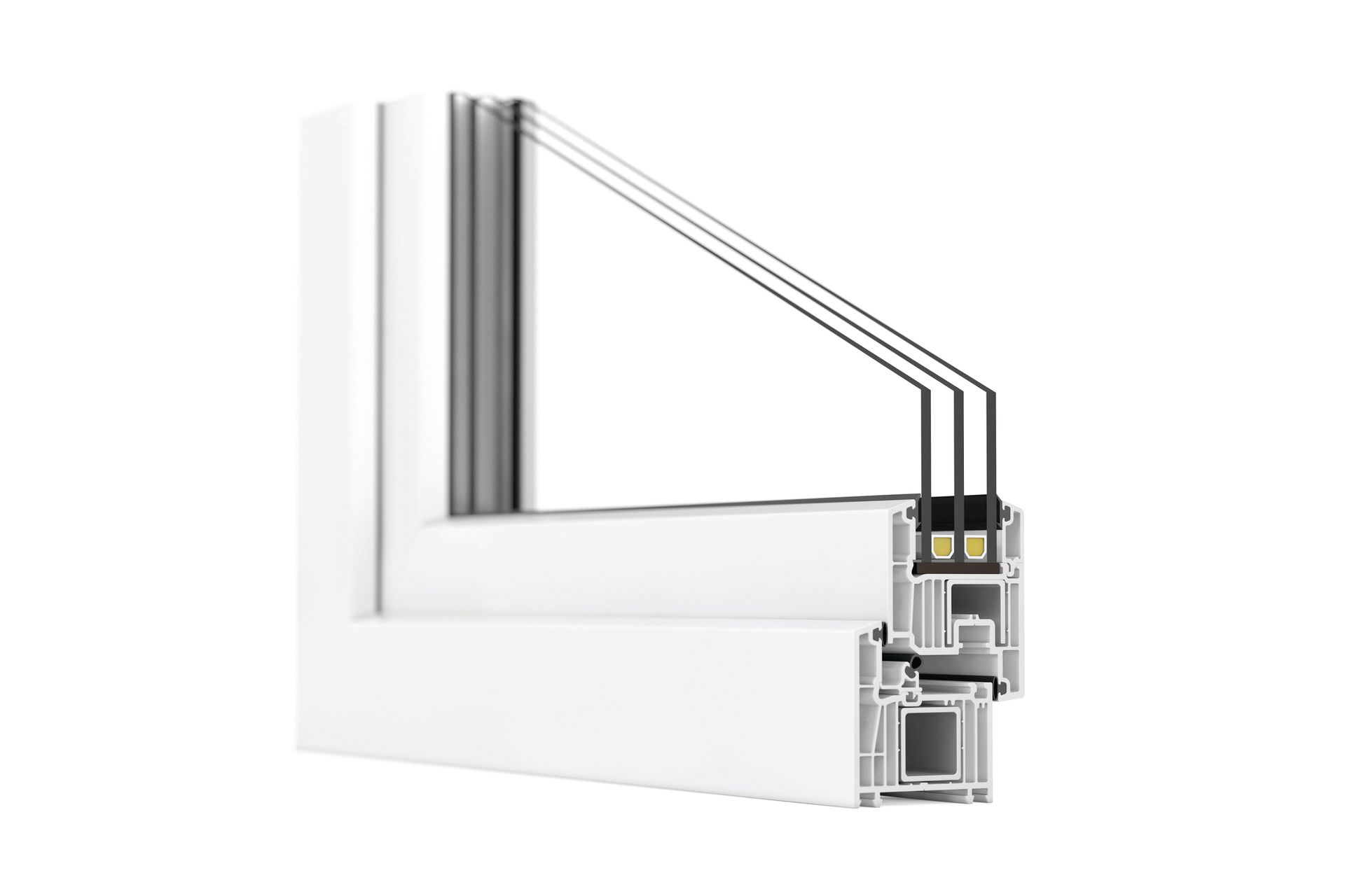 A cross-section view of a white, triple-pane window frame showing the internal chambers and glass layers.