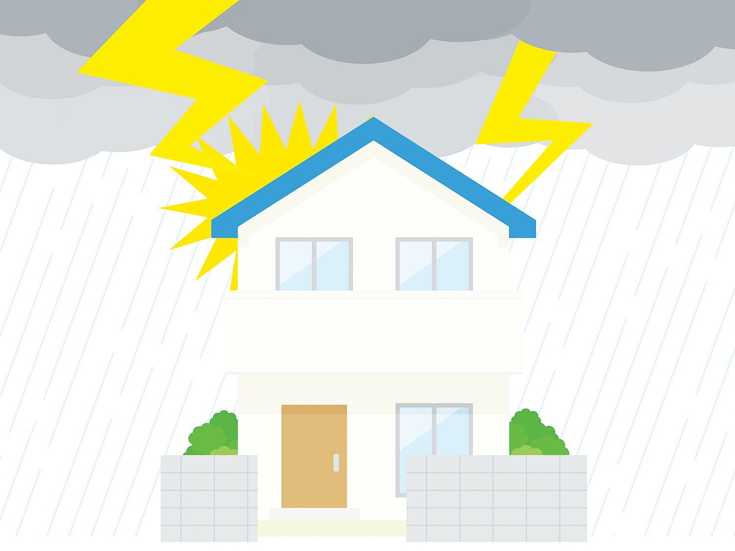 A two-story white house with a blue roof during a rainstorm with lightning strikes in the background.