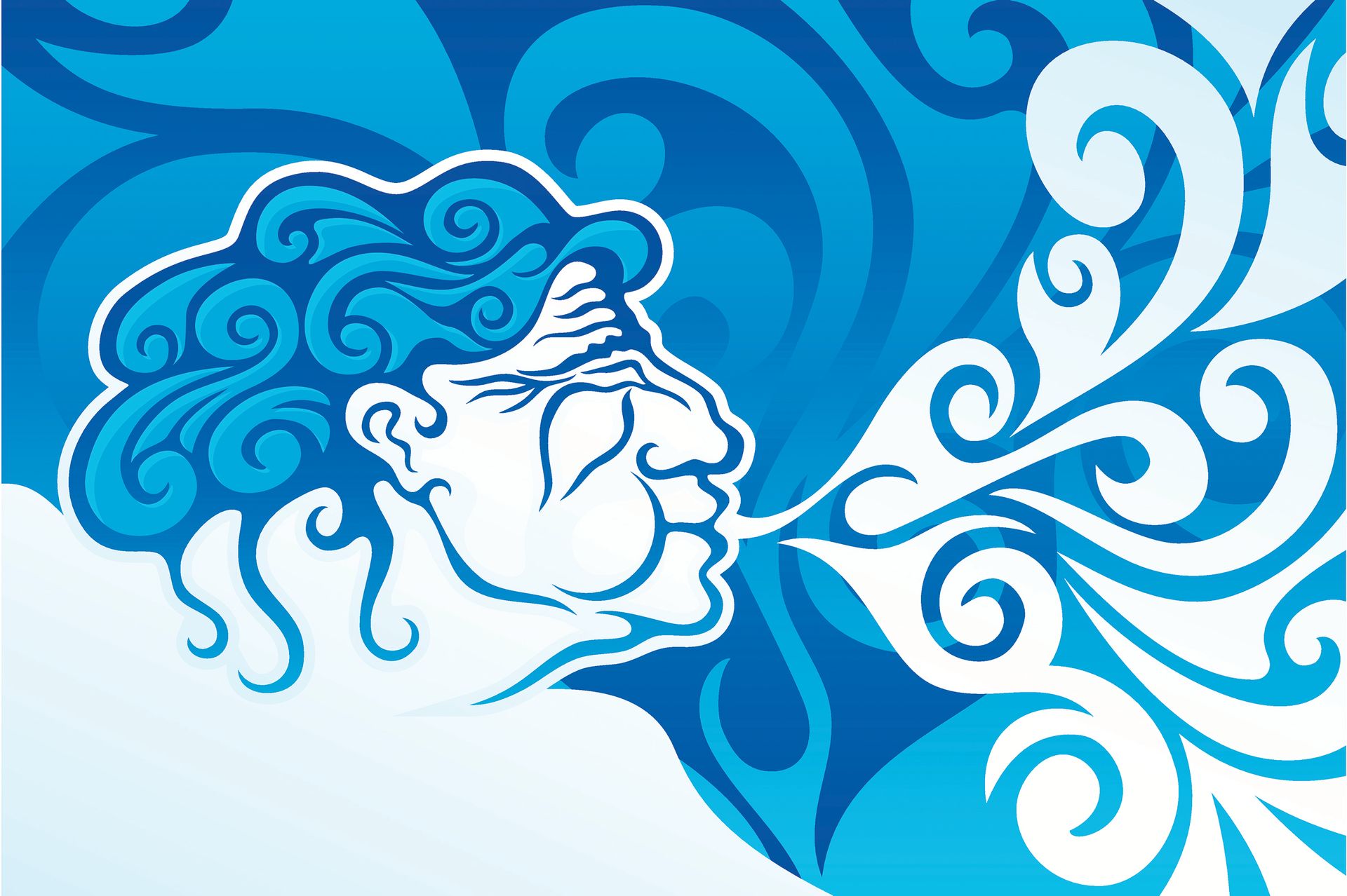 A profile illustration of a face blowing swirling, stylized wind patterns against a blue background.