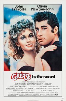 Movie poster for Grease, showing stars John Travolta and Olivia Newton-John posing closely against a blue background.