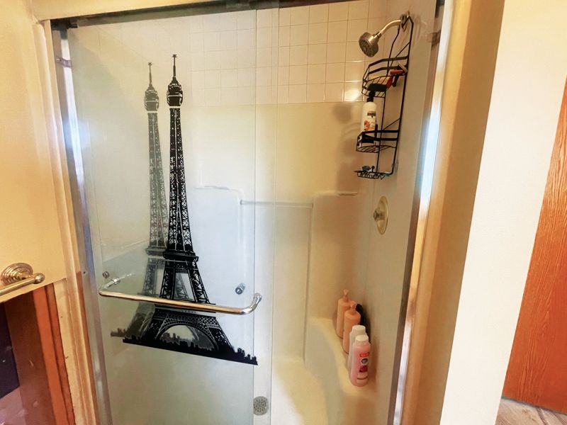 A shower stall featuring a glass door with an Eiffel Tower decal, a hanging metal shower caddy, and shampoo bottles.