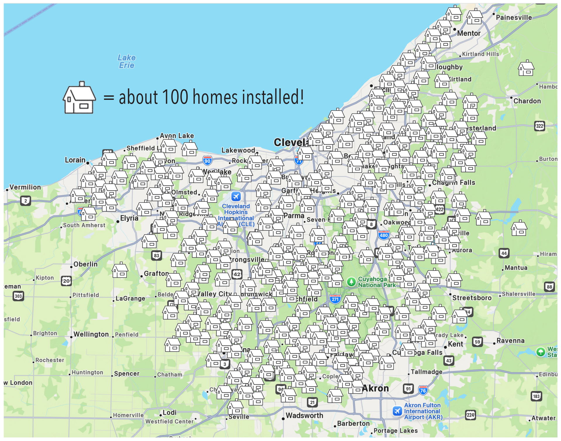A map of Ohio covered in house icons, each representing approximately 100 installed homes.