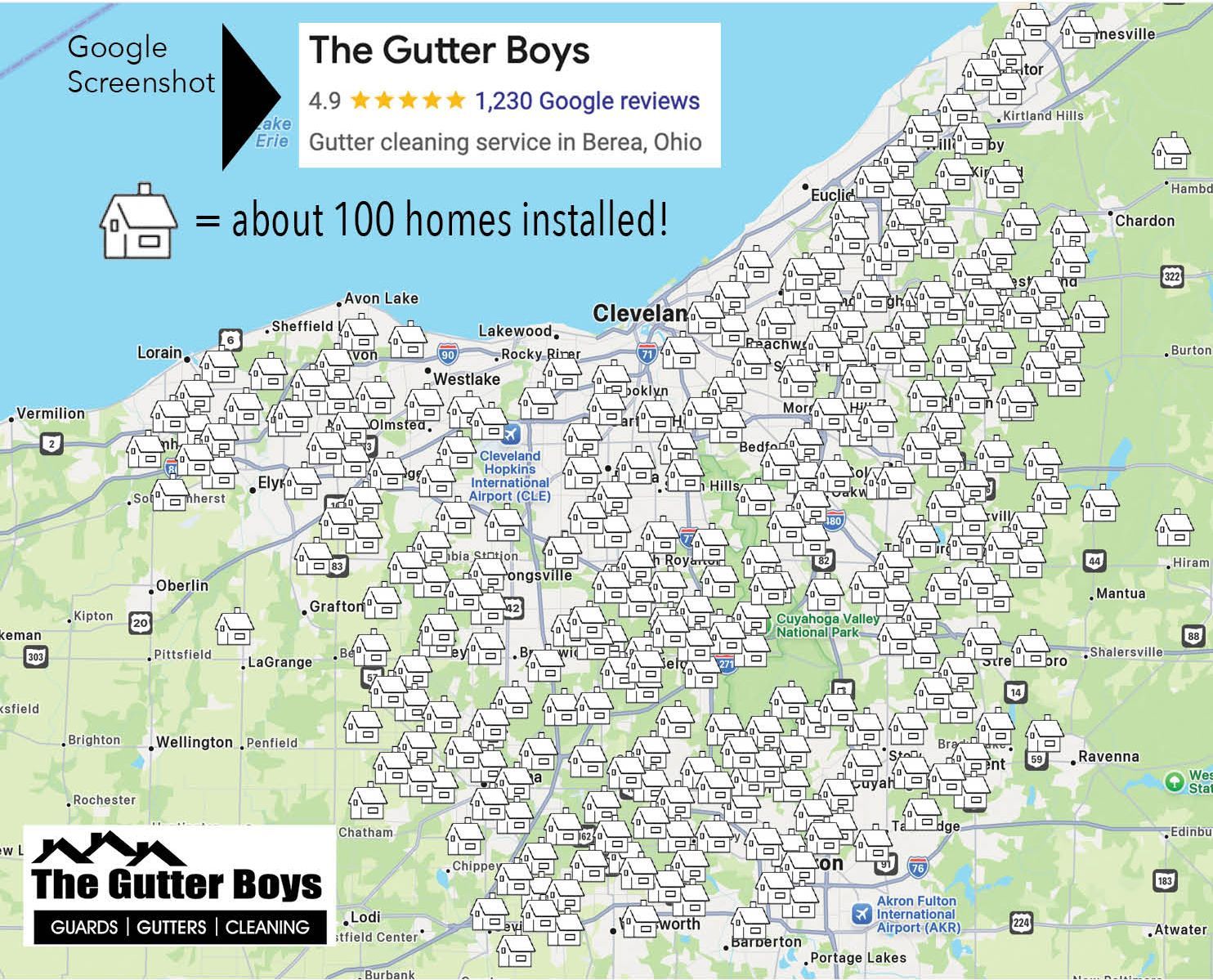 Map of Ohio showing hundreds of icons representing gutter installations by