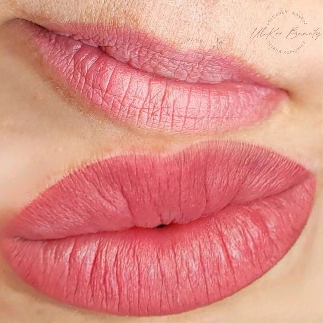 A close-up view of lips before and after a semi-permanent lip blushing cosmetic procedure with a soft pink color.