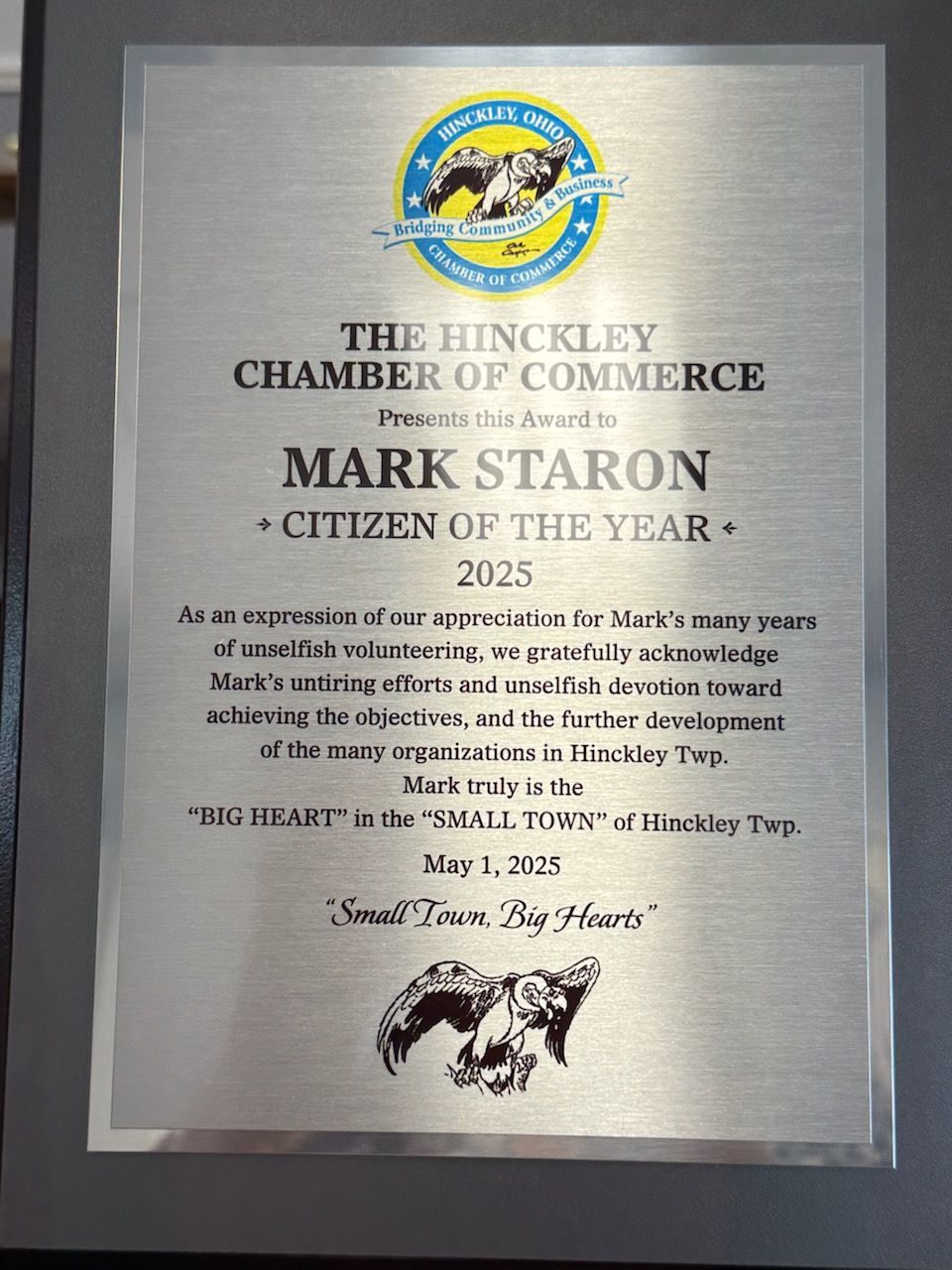 A plaque from the Hinckley Chamber of Commerce naming Mark Staron the 2025 Citizen of the Year.