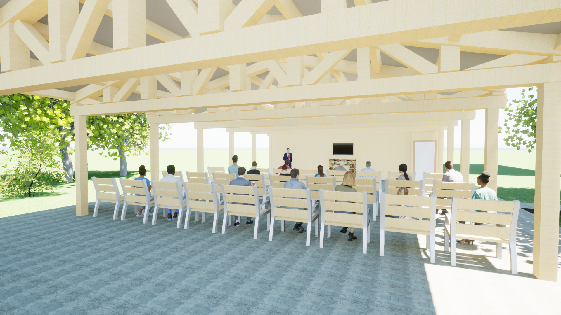 A rendering of an outdoor, covered pavilion space with people seated in rows listening to a speaker at the front.