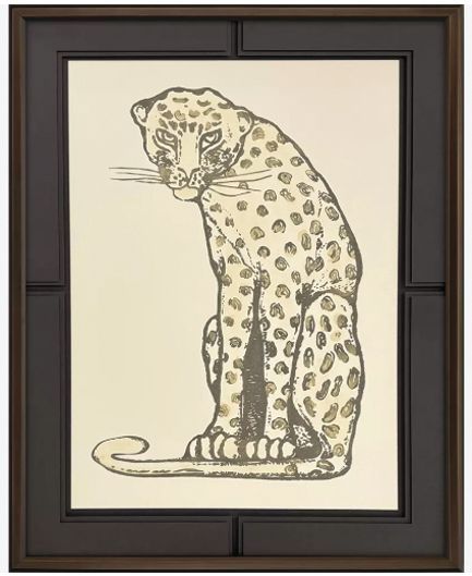 A framed ink sketch of a leopard sitting in profile, looking forward, against a light background.