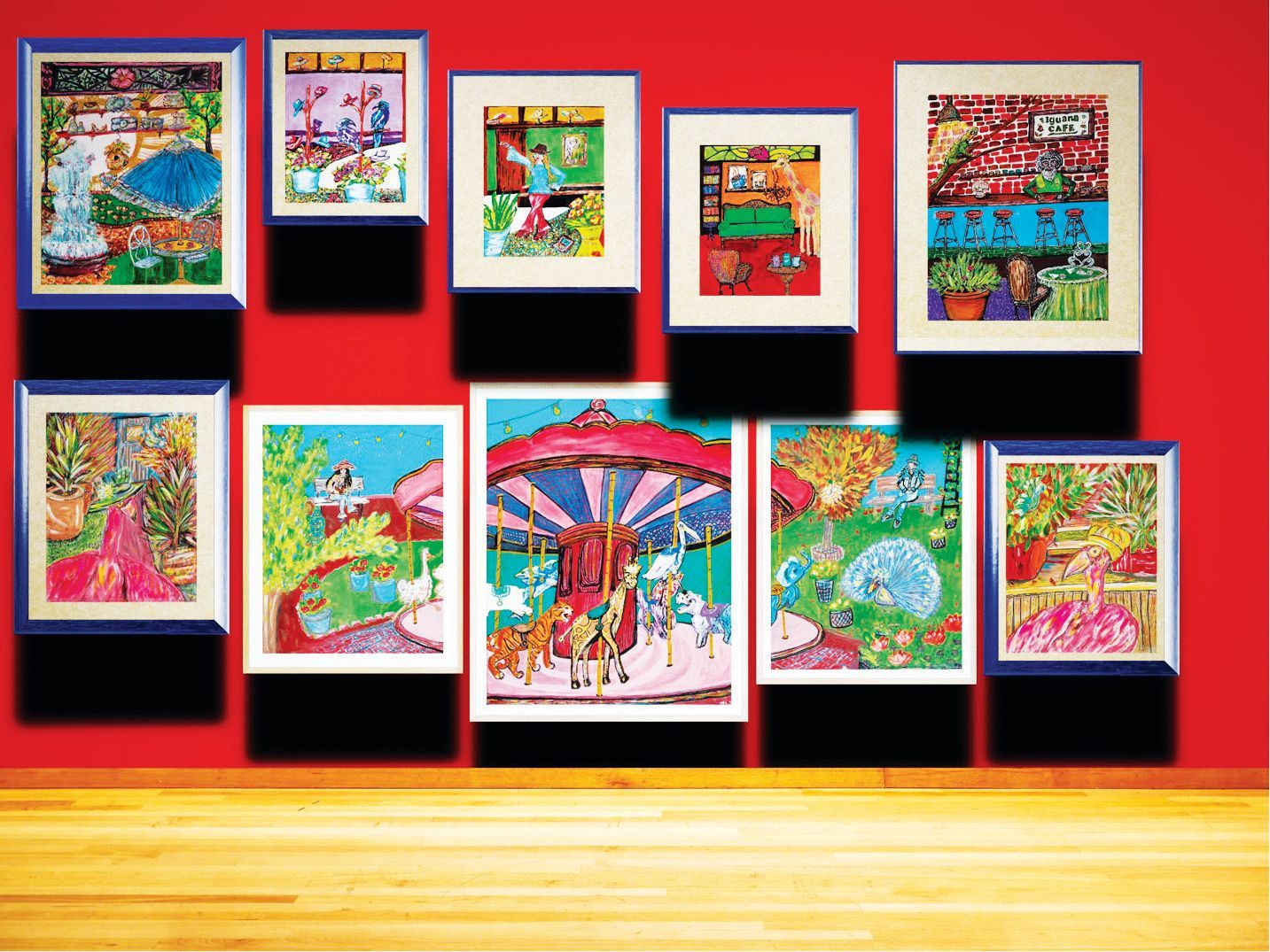 Nine colorful, framed illustrations hang on a vibrant red wall above a wooden floor.