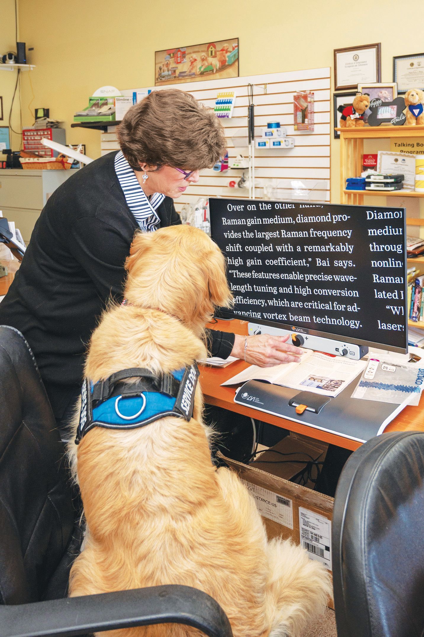 A person wearing glasses works at a desk with a golden retriever wearing a blue service harness sitting by their side.