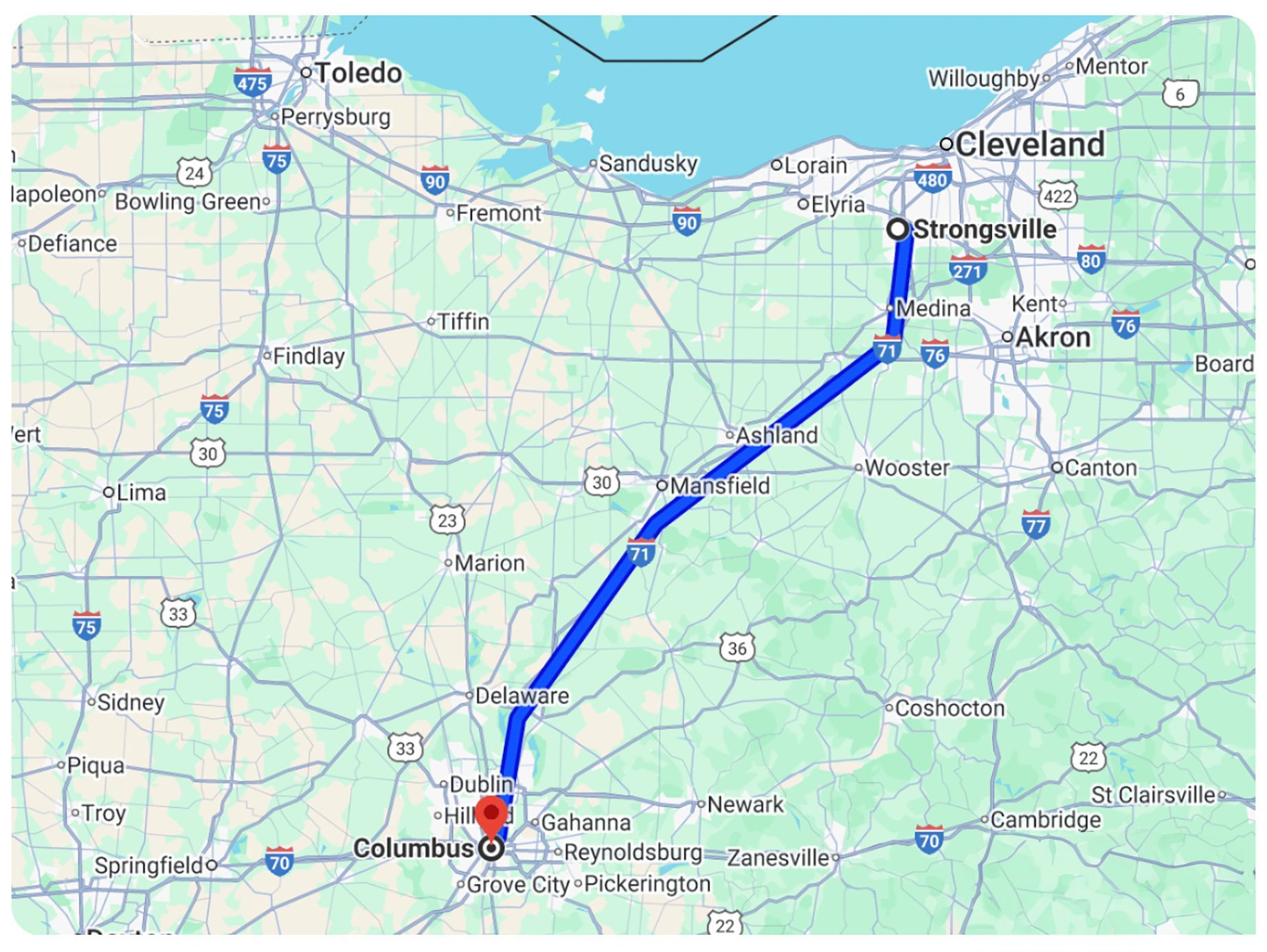 A map of Ohio showing a blue route line connecting Strongsville in the north to Columbus in the south.