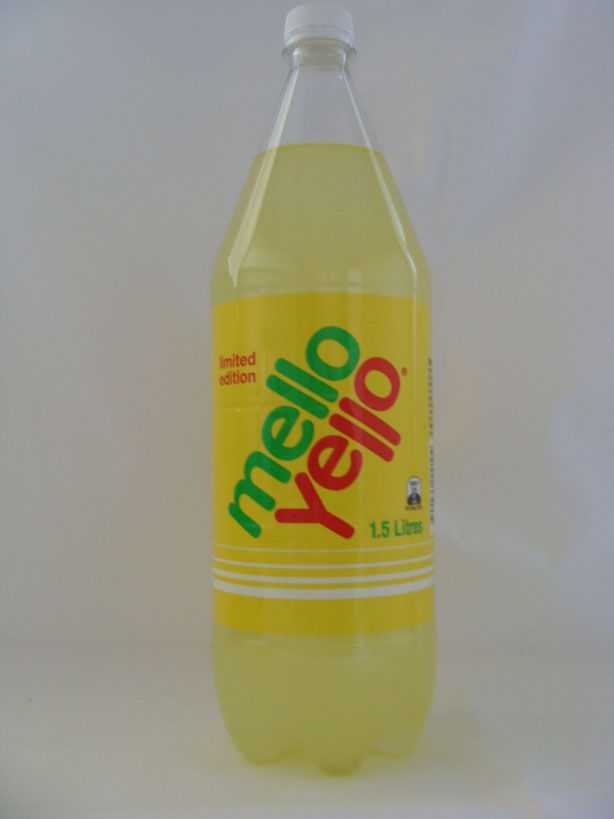 A 1.5-liter bottle of Mello Yello soda with a yellow label and green and red logo against a plain white background.