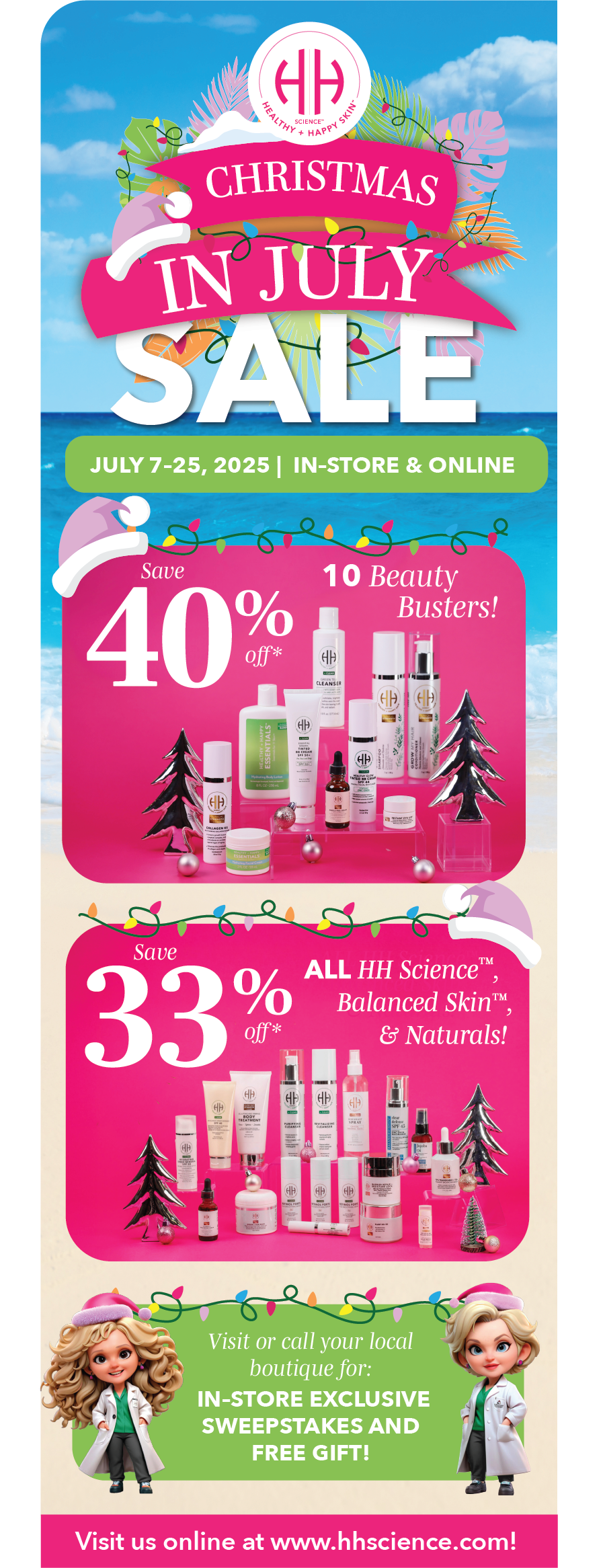 A Christmas in July sale flyer featuring discount boxes of 40% and 33% off skincare products and promotional character dolls.