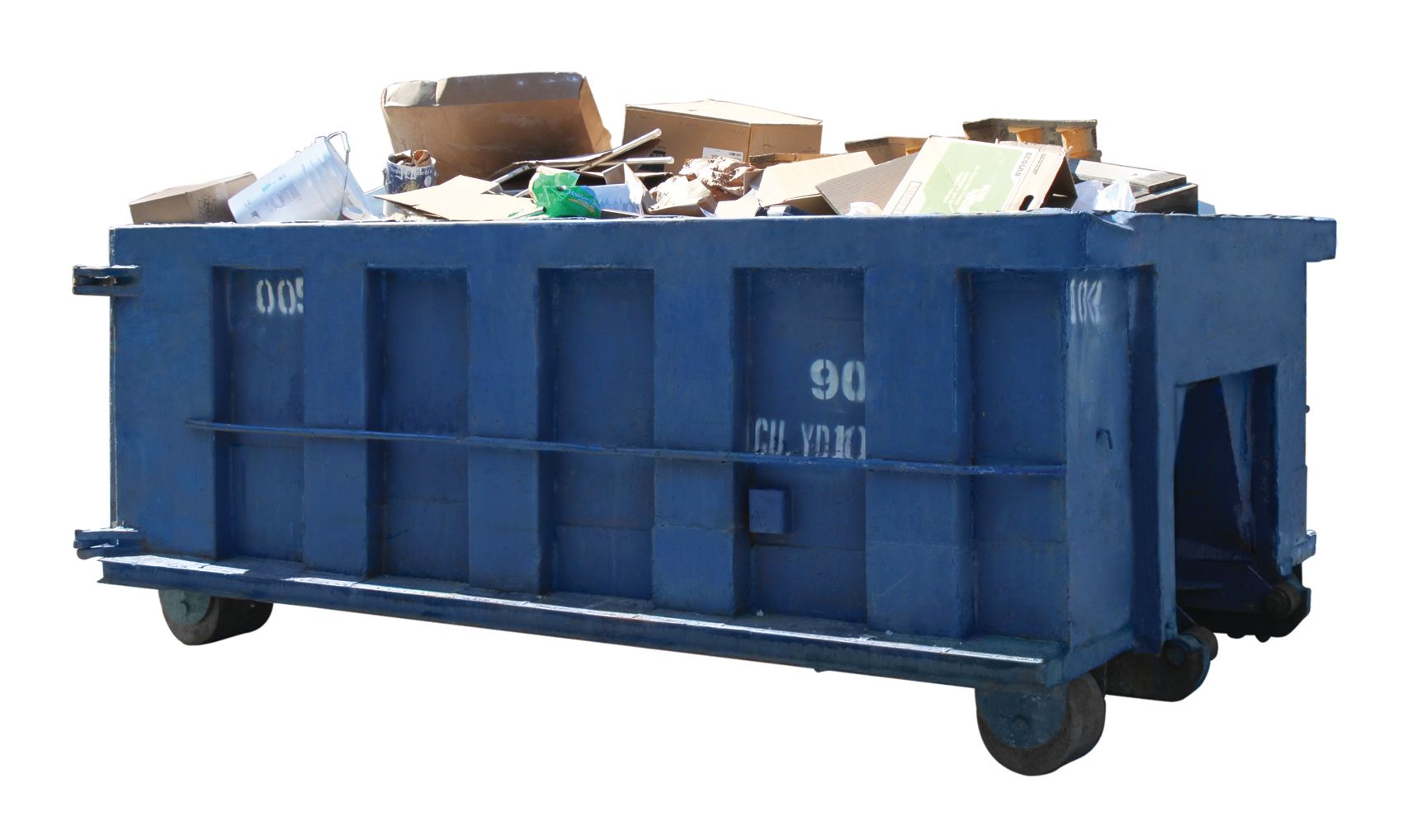 A blue roll-off dumpster filled with cardboard boxes and debris, set against a plain white background.