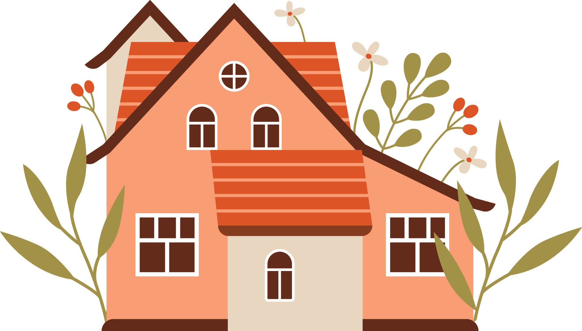 A charming illustration of a peach-colored house with a red roof, surrounded by decorative green leaves and flowers.