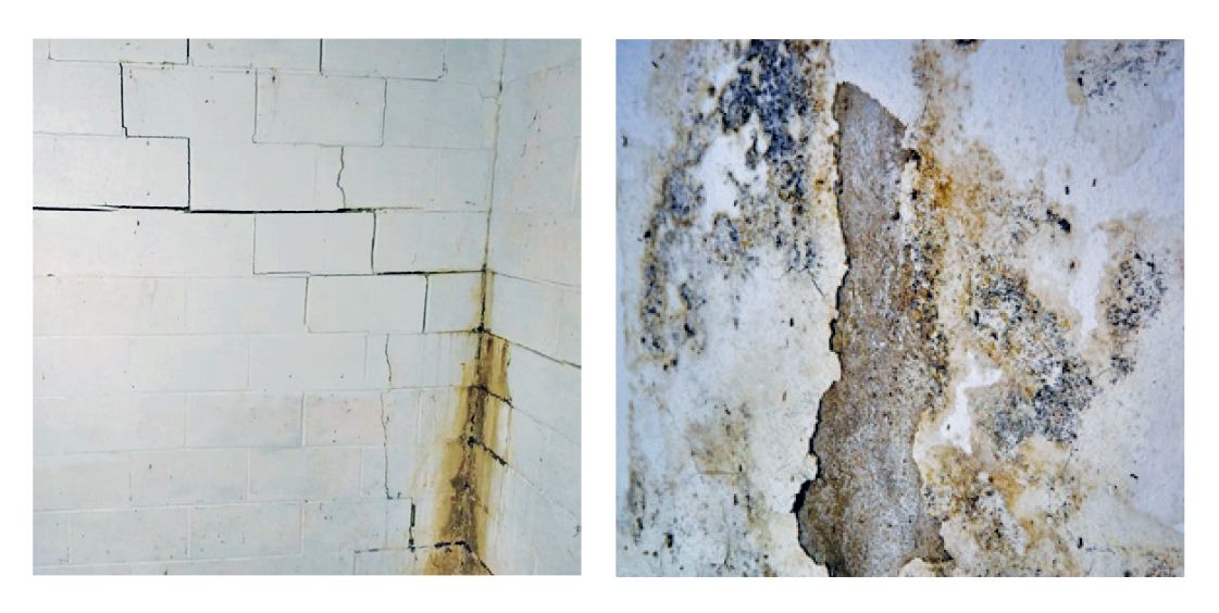 Two side-by-side photos showing a cracked concrete block wall with water staining and a severely water-damaged wall.