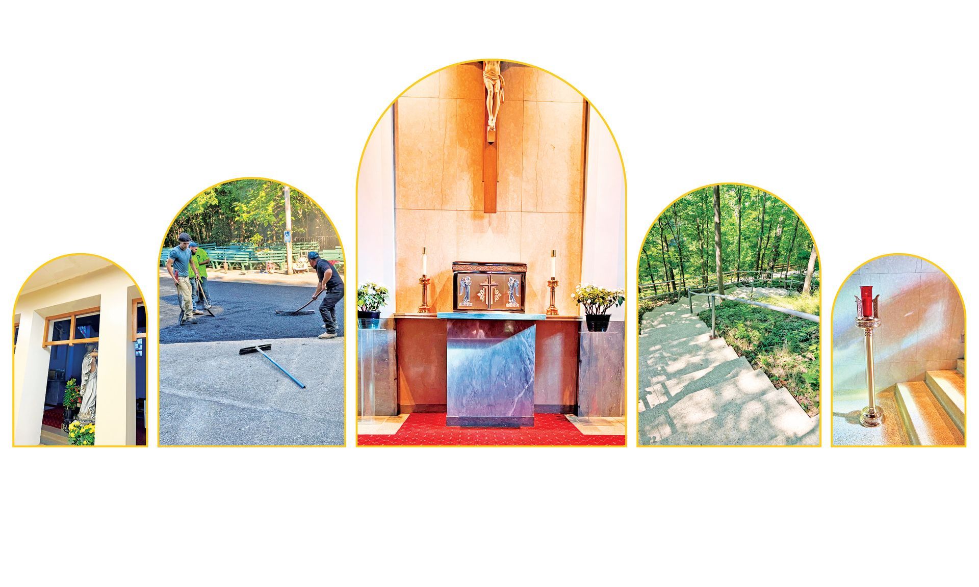 Five arched frames show a building interior, construction work, a chapel altar, a garden path, and an indoor stairwell.