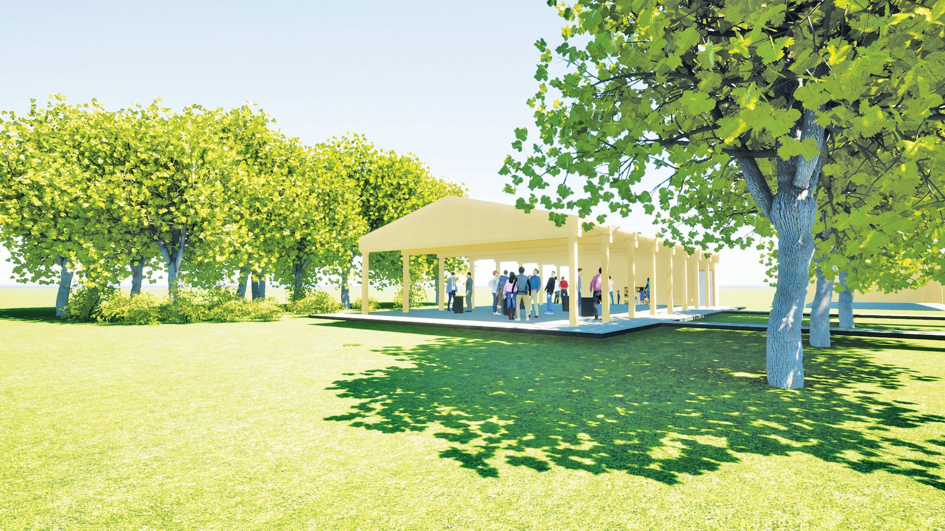 A digital rendering of a pale wooden pavilion in a sunny, tree-lined park with people gathered inside.
