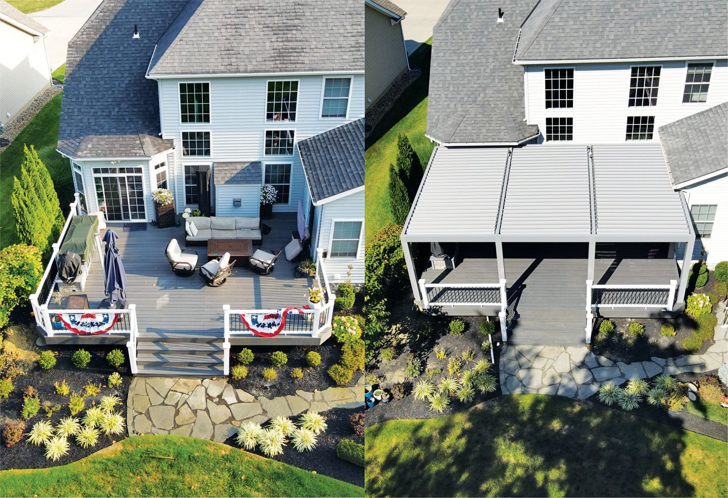 Before-and-after view of a backyard deck, shown without and then with a newly installed white pergola cover.