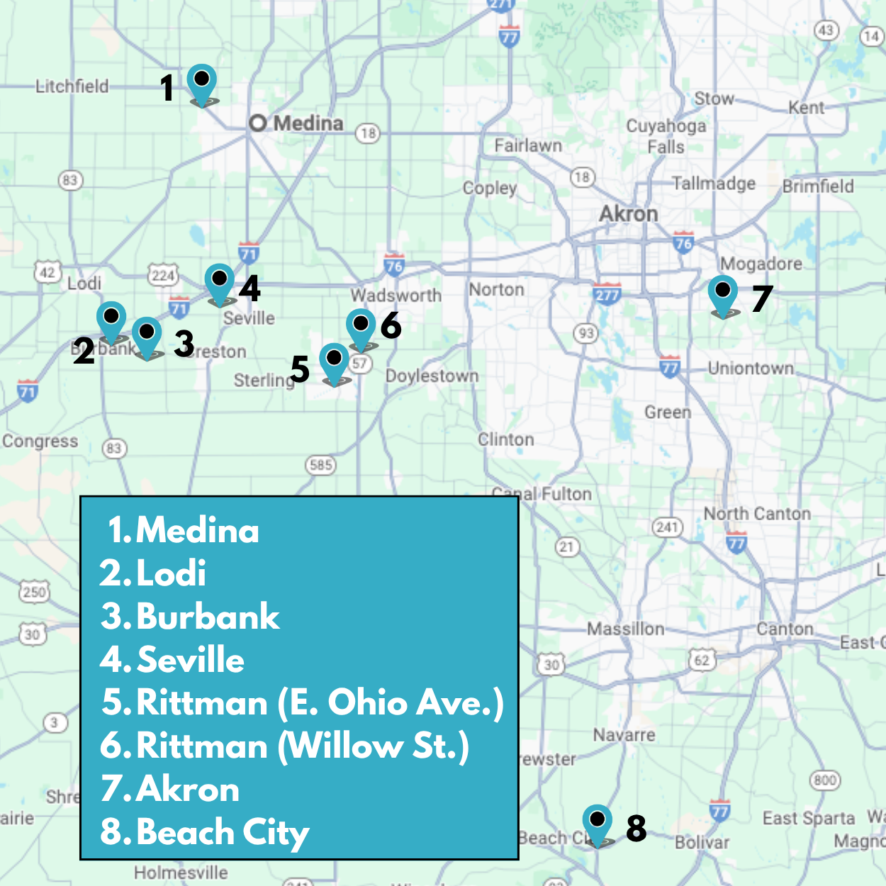 Map showing eight labeled locations across Northeast Ohio, with a legend detailing each city or address.