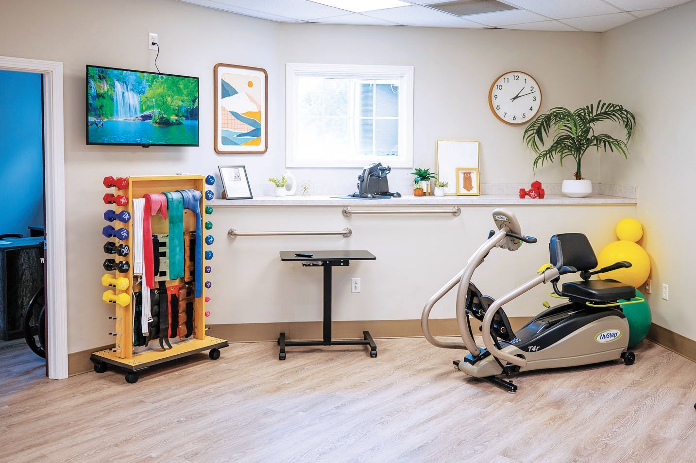 A physical therapy room featuring an exercise bike, a dumbbell rack with resistance bands, a small desk, and decor.