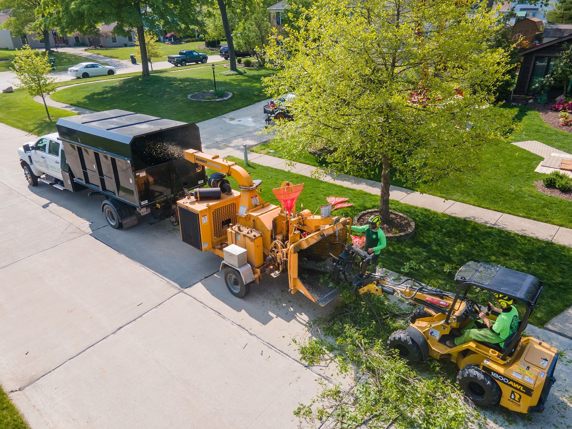 A tree service crew uses a yellow wood chipper and a small loader to clear debris from a residential street.