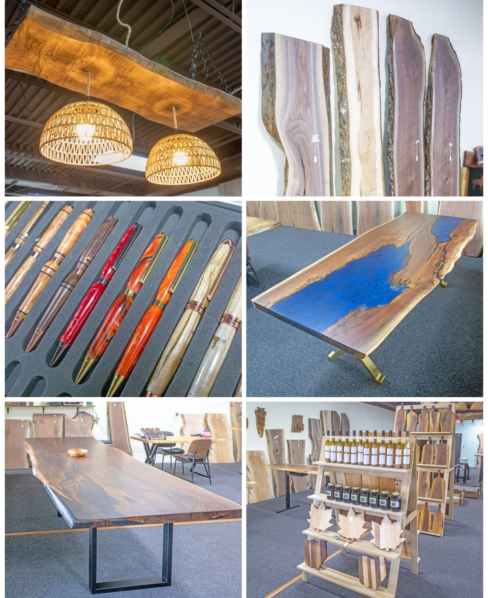 A collage of live-edge wood furniture, artisan pens, a blue epoxy resin river table, and a store display shelf.