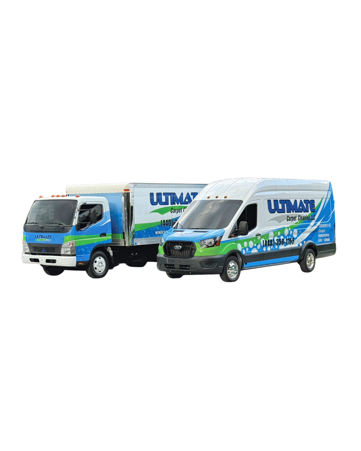 Two company vehicles, a box truck and a cargo van, both featuring a blue and green 