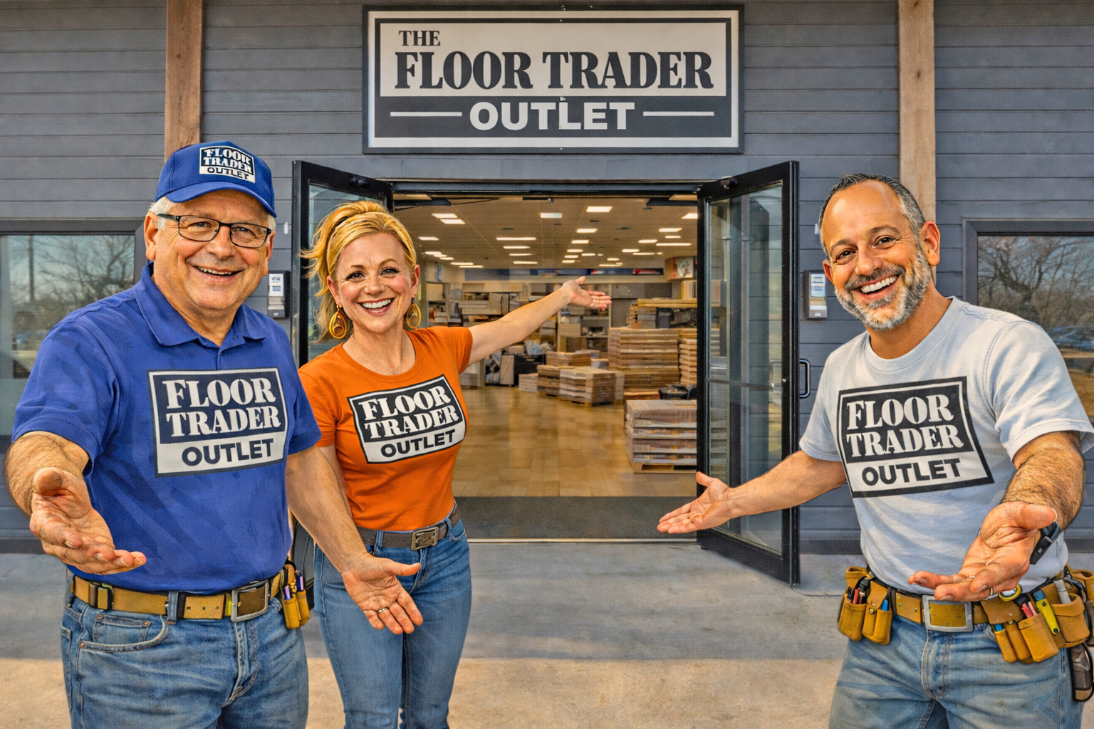 Three people wearing The Floor Trader Outlet branded clothing smile and gesture toward the open store entrance.