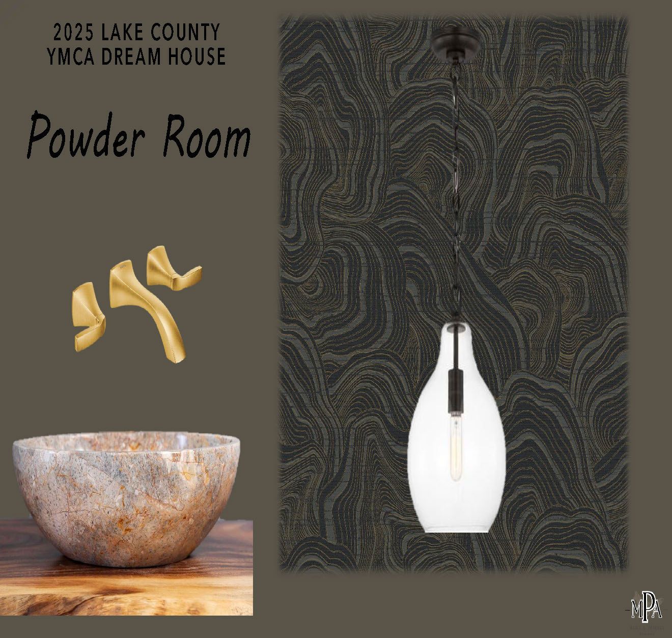 Design board for a powder room featuring a stone bowl sink, gold faucet, glass pendant light, and textured wallpaper.