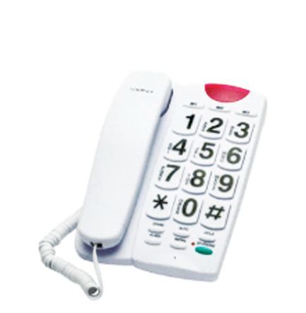 A white corded landline telephone with oversized, high-contrast buttons and a red notification light.