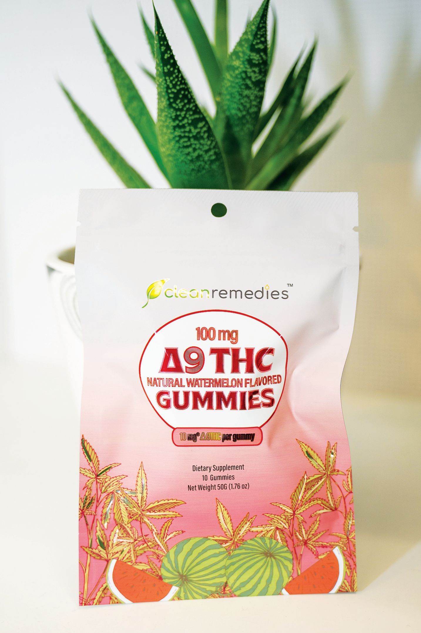 A bag of Delta-9 THC watermelon gummies stands in front of a small potted succulent.