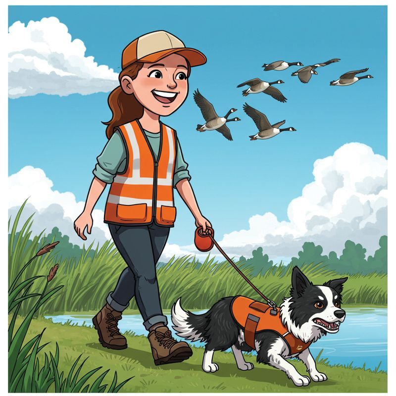 A person in a high-visibility vest walks a dog in a harness near a pond as Canada geese fly overhead.