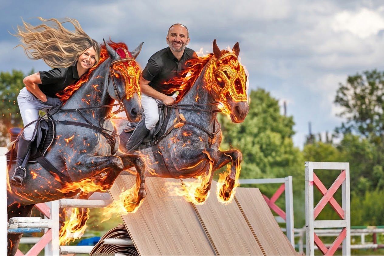 Two riders on horseback leaping over a jump, with their horses surrounded by CGI flames in an outdoor arena.