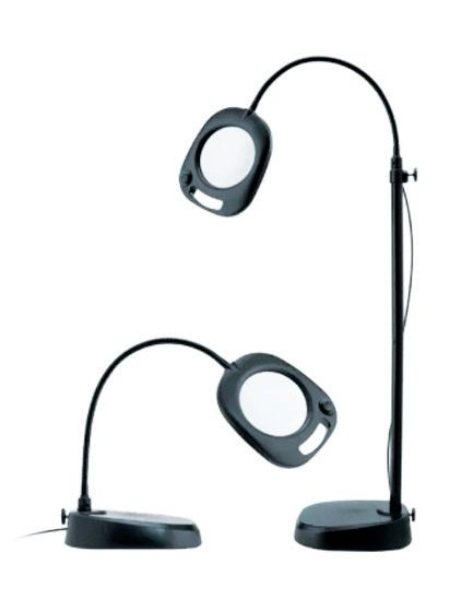 Two black adjustable magnifying desk lamps with gooseneck arms, one shown in a low position and one in a tall position.