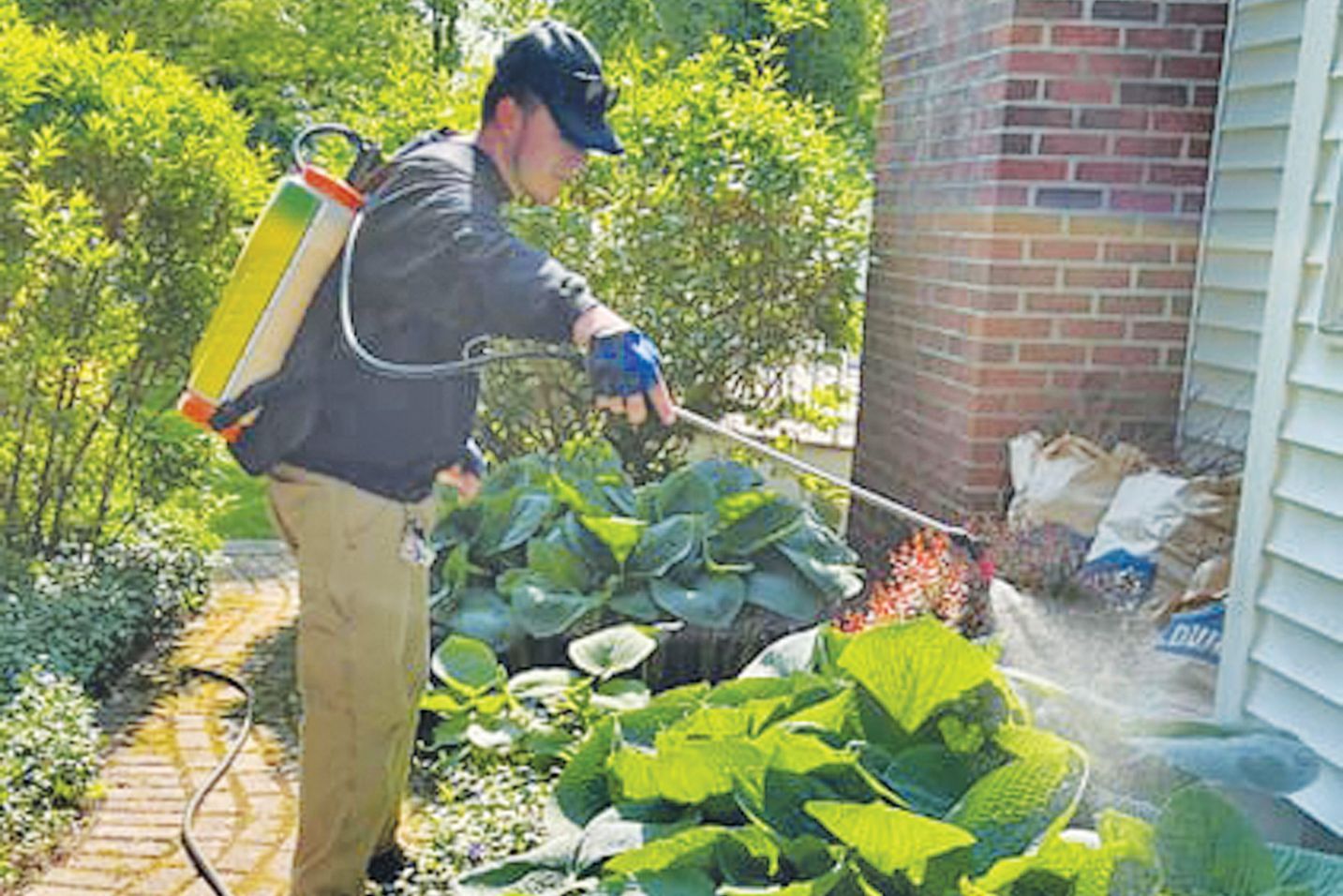 A person in a black shirt and tan pants uses a backpack sprayer to apply treatment to the side of a brick house.