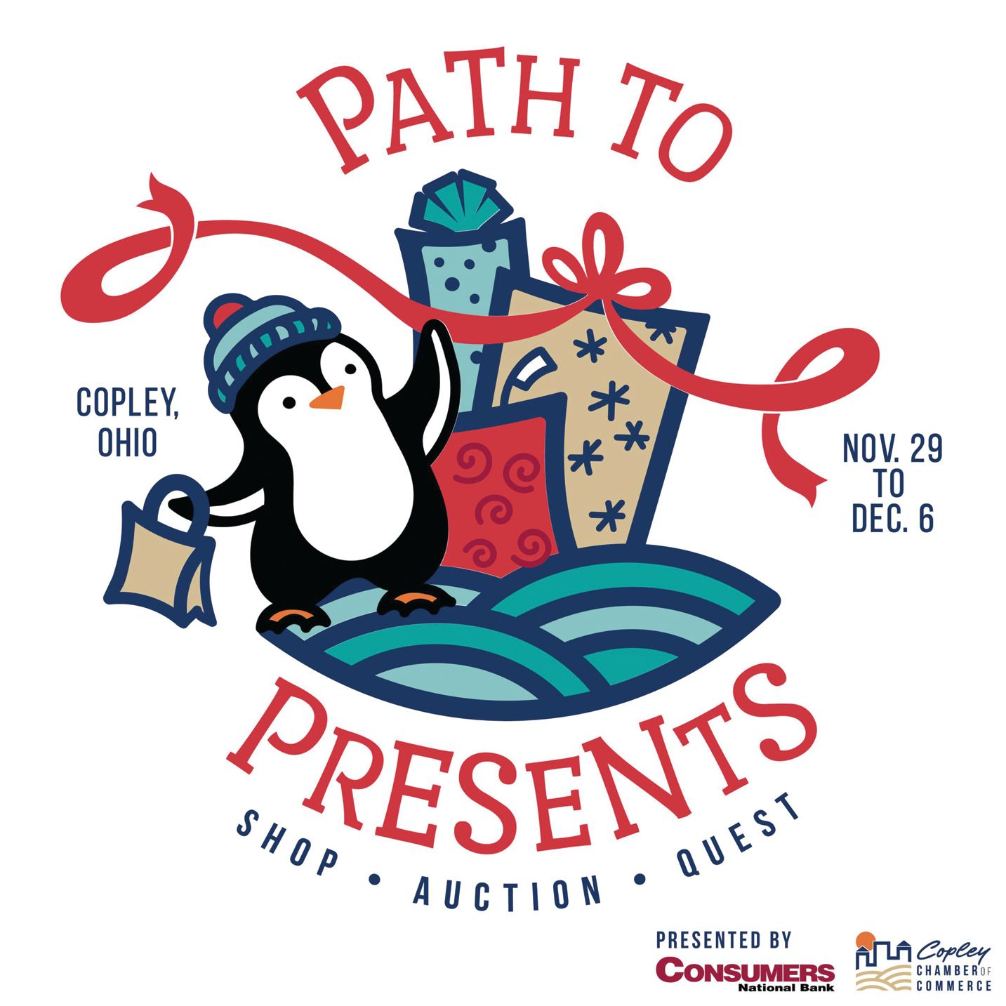 A cartoon penguin in a winter hat carries a shopping bag near gifts. Text reads: Path to Presents, Nov. 29 to Dec. 6, Copley.