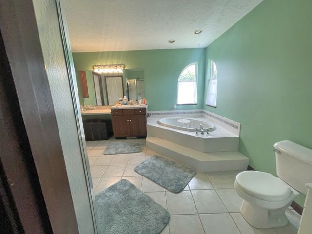 A spacious bathroom with mint green walls, a tiled soaking tub on a raised platform, a wood vanity, and a white toilet.