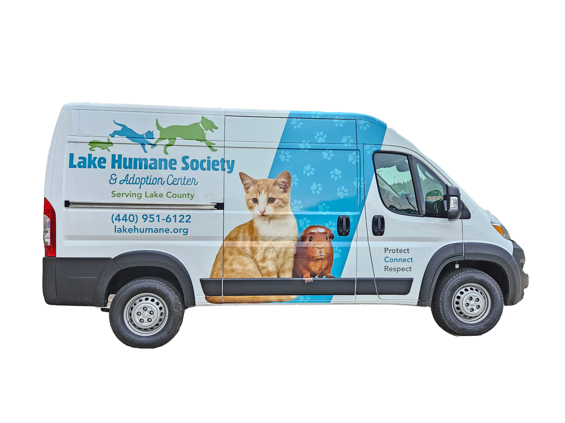 Lake Humane Society adoption van with graphics of a cat, a small animal, and the organization's name and contact info.