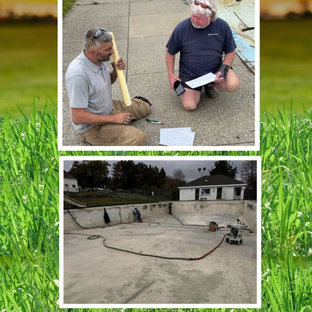 Two workers examine a concrete pool deck; below, a resurfaced empty pool with hoses and equipment.
