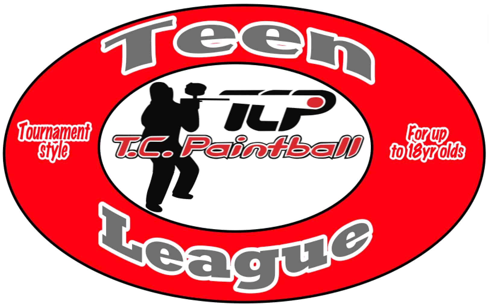 A red and white logo for the teen paintball league