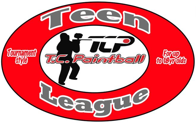 A red and white logo for the teen paintball league