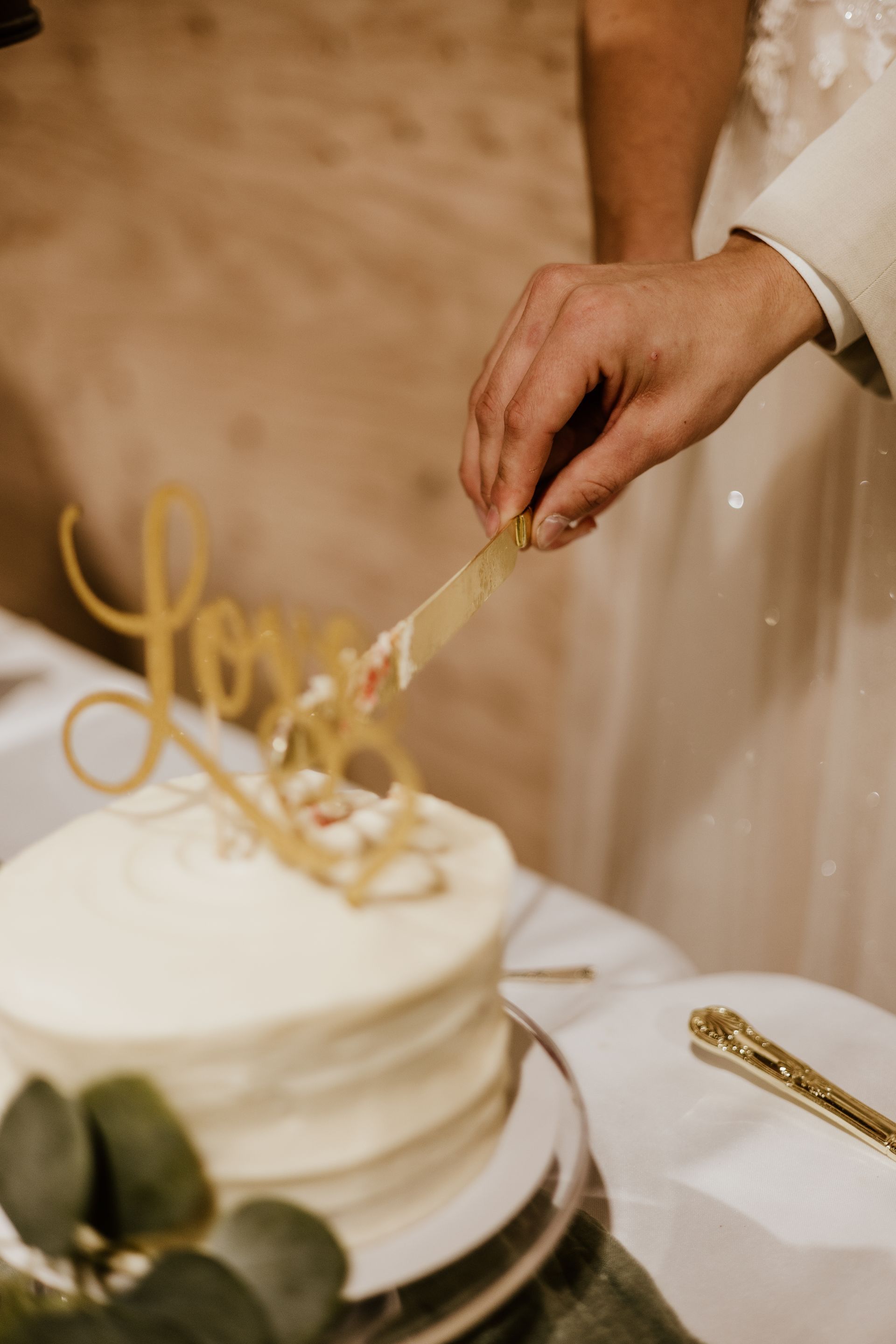 A bride and groom are cutting their wedding cake.
