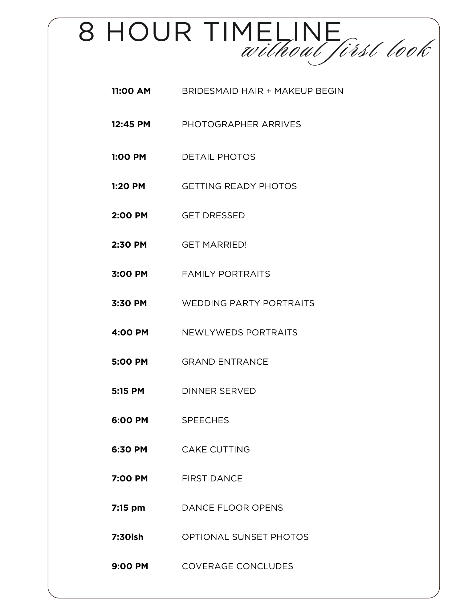 8-hour timeline schedule with hourly activities on a white background