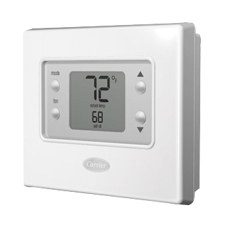 A carrier thermostat shows the temperature is 72 degrees