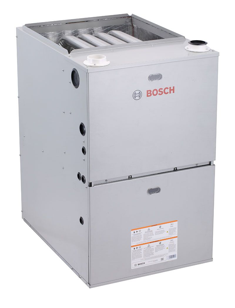 Gray Bosch gas furnace unit with top vents and front access panel
