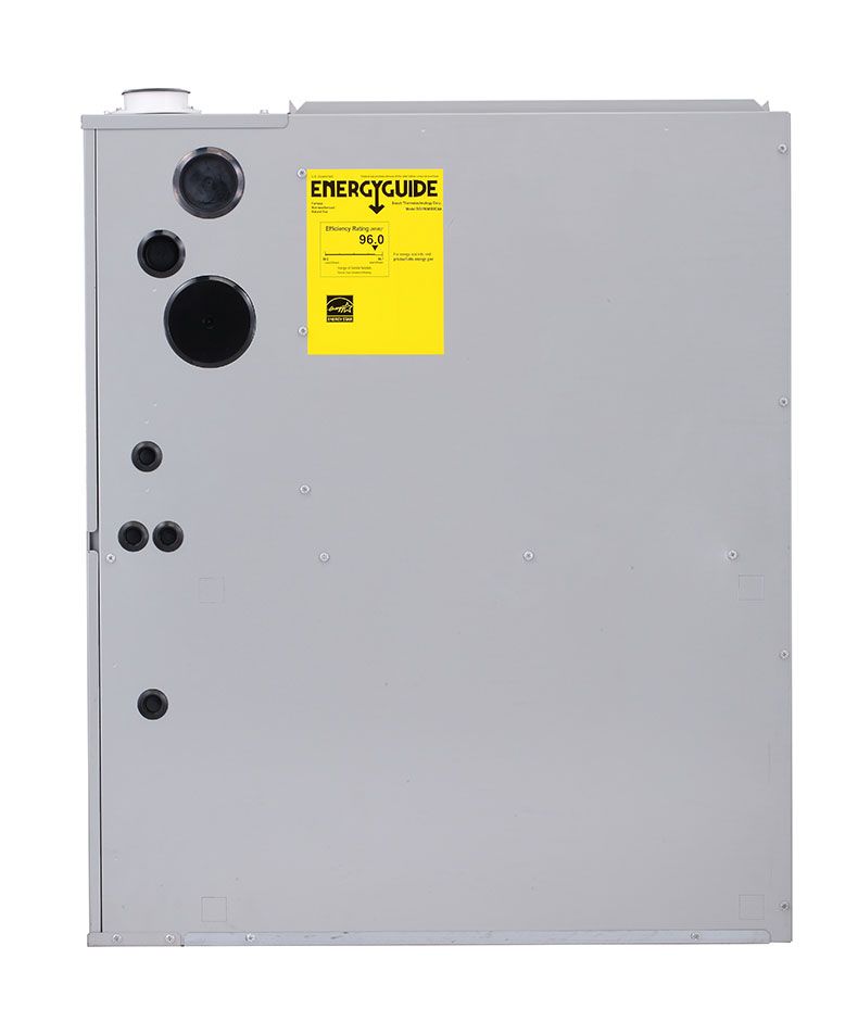 Gray utility cabinet with yellow Energy Guide label and black control knobs on the left side