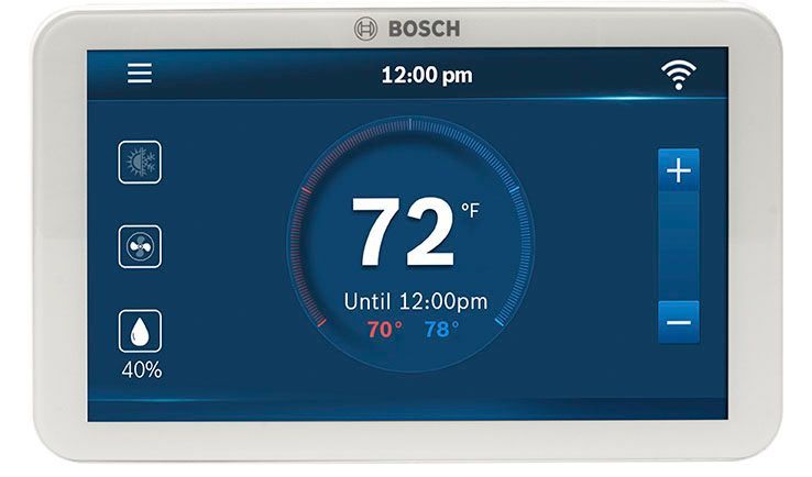 Bosch thermostat touchscreen showing 72° and weather icons on a blue display