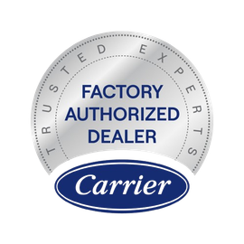 Carrier Factory Authorized Dealer logo with silver seal and blue emblem