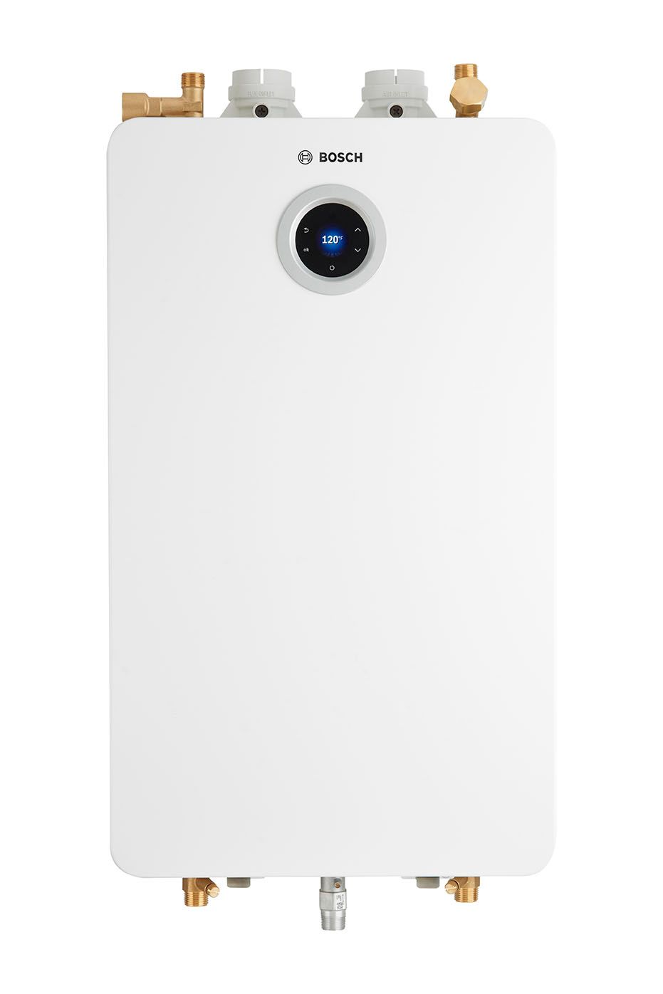 White wall-mounted boiler or water heater with brass pipe fittings and a blue circular display.